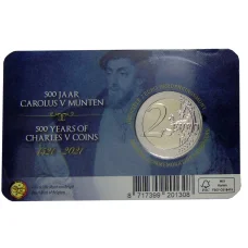 Монета 2 евро 2021 года Бельгия —  500 лет выпуску гульдена Карла V (текст на л.ст. блистера на французском и немецком) (реверс)