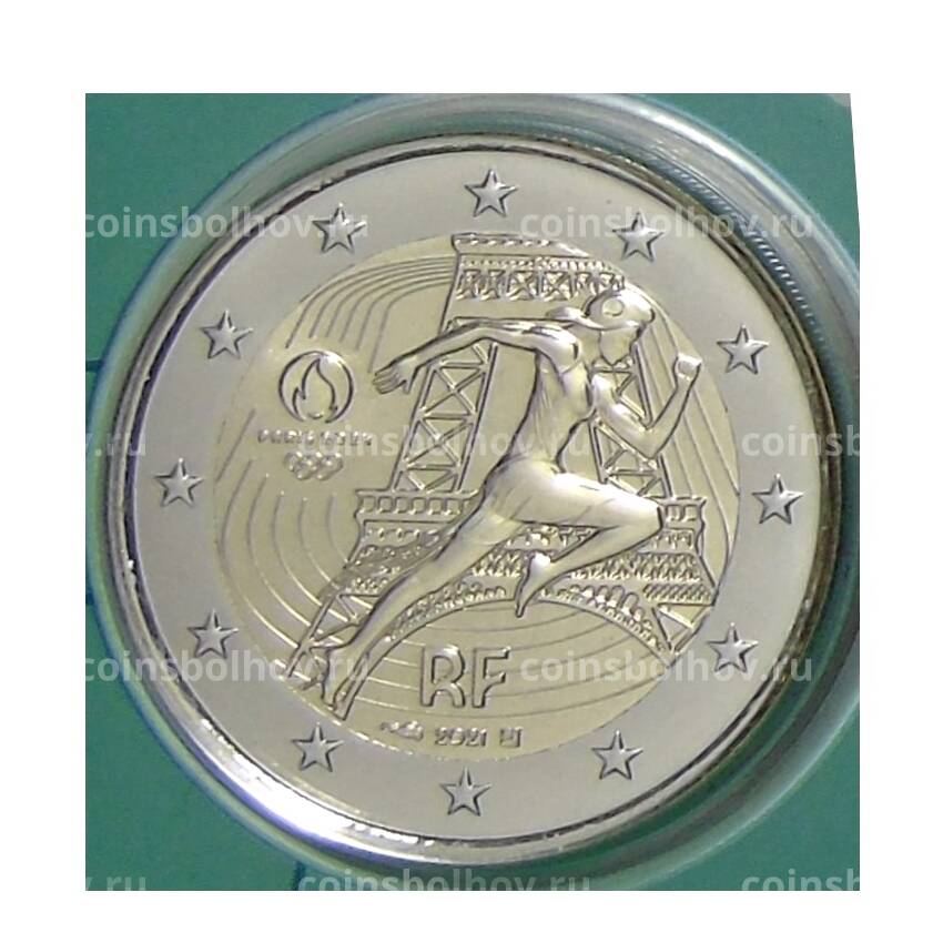 Монета 2 евро 2021 года Франция —  XXXIII летние Олимпийские игры, Париж 2024 (в зеленом блистере)