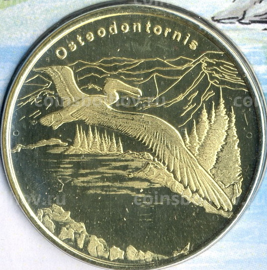 Монета 5 долларов 2021 года Остров Биоко (Гвинея) — Вымершие животные — Остеодонторнис (в блистере) (вид 3)