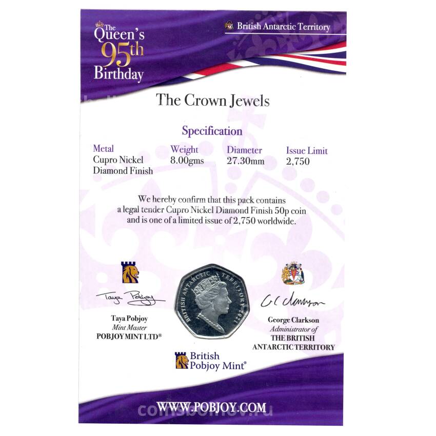 Монета 50 центов 2021 года Британские Антрактические территории —  95 лет со дня рождения королевы Елизаветы II (в подарочном блистере) (вид 2)