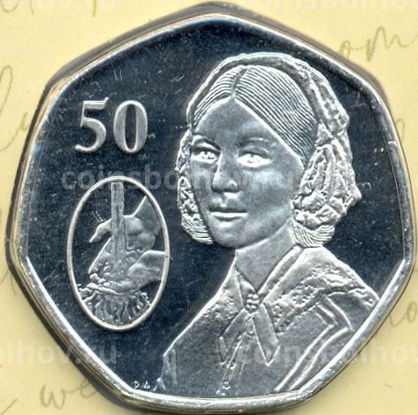 Монета 50 центов 2020 года  Британские территории в индийском океане —  200 лет со дня рождения Флоренс Найтингейл (в подарочном блистере) (вид 3)