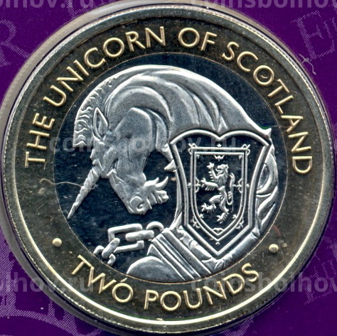 Монета 2 фунта 2021 года Британские территории в Индийском океане —  Звери Королевы — Единорог Шотландии (в подарочном блистере) (вид 3)