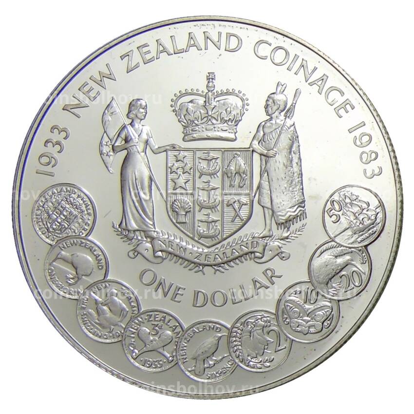 Монета 1 доллар 1983 года Новая Зеландия —  50 лет чеканке монет Новой Зеландии