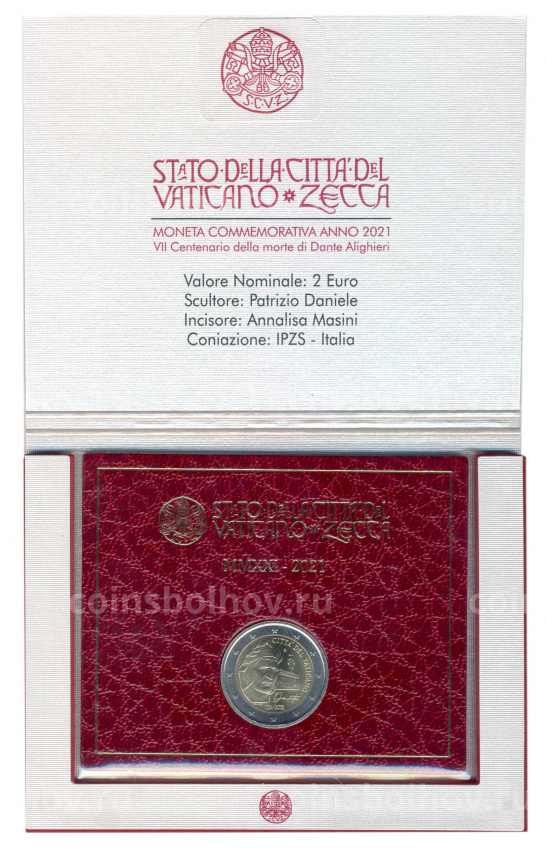 Монета 2 евро 2021 года Ватикан —  700 лет со дня смерти Данте Алигьери (в подарочной упаковке) (вид 3)