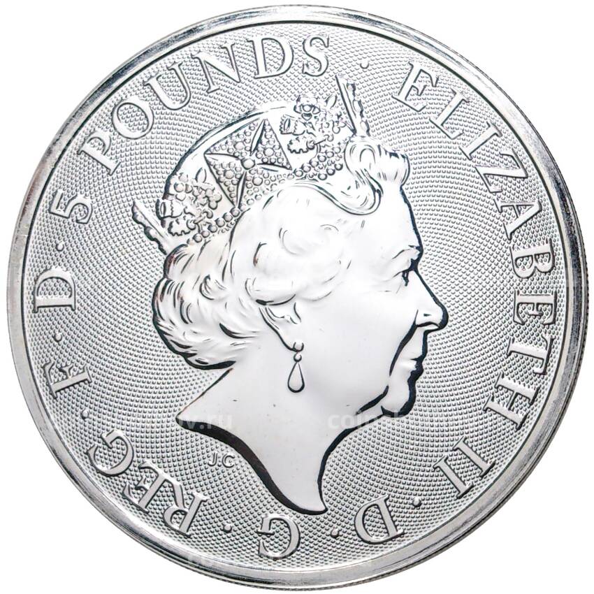 Монета 5 фунтов 2019 года Великобритания — Звери Королевы — Сокол Плантагенетов (вид 2)