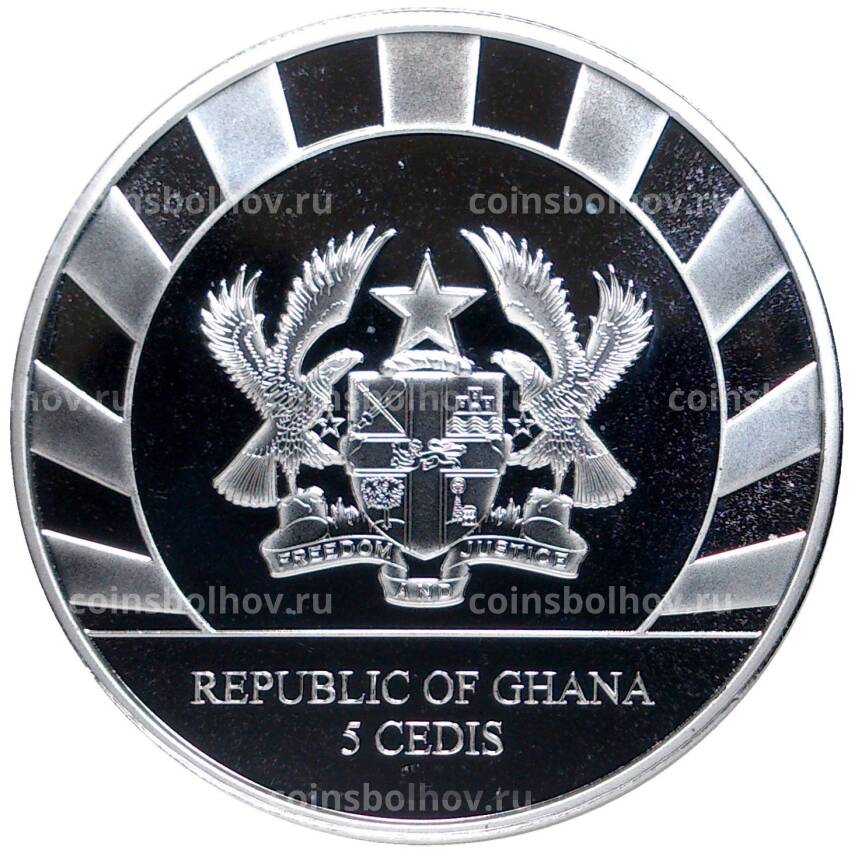 Монета 5 седи 2021 года Гана —  Гиганты Ледникового периода — Носорог (вид 2)