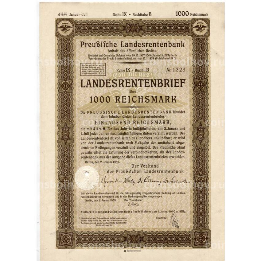 Банкнота Облигация 4,5% 1000 рейхсмарок 1935 года Германия