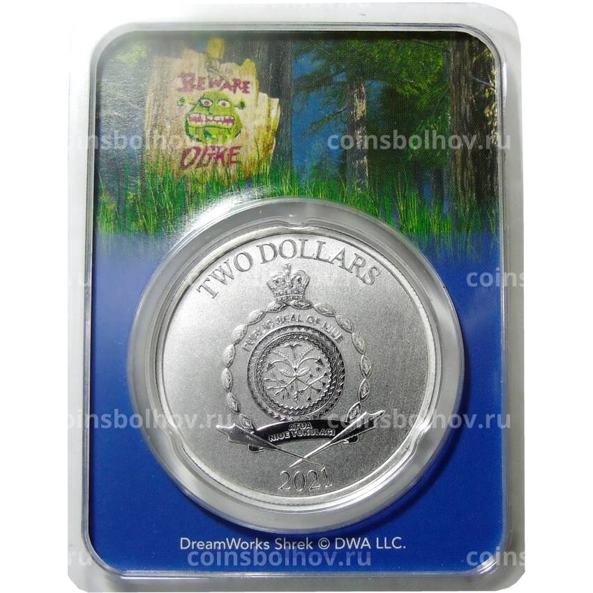 Монета 2 доллара 2021 года Ниуэ — Шрек и Осел (в блистере) (вид 2)