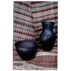 Открытка А.Г.Токаревский  — Набор посуды: кувшин,макитра.Чернолощенная керамика. В.Я.Юрашевич — Декоративный ручник. Лен,мулине.