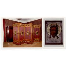 Открытка Спасское-Лутовиново  — Кабинет-спальня. Ширма. Икона» Спас Нерукотворный» в серебряном окладе. Конец XVII века