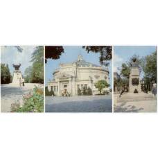 Открытка Крым.Севастополь — Памятник капитану-лейтенанту А.И.Казарскому. Здание понорамы «Оборона Севастополя 1854-1855». Памятник матросу П.М.Кошке