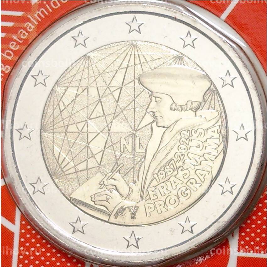 Монета 2 евро 2022 года Нидерланды  —  35 лет программе Эразмус (в блистере) (вид 3)
