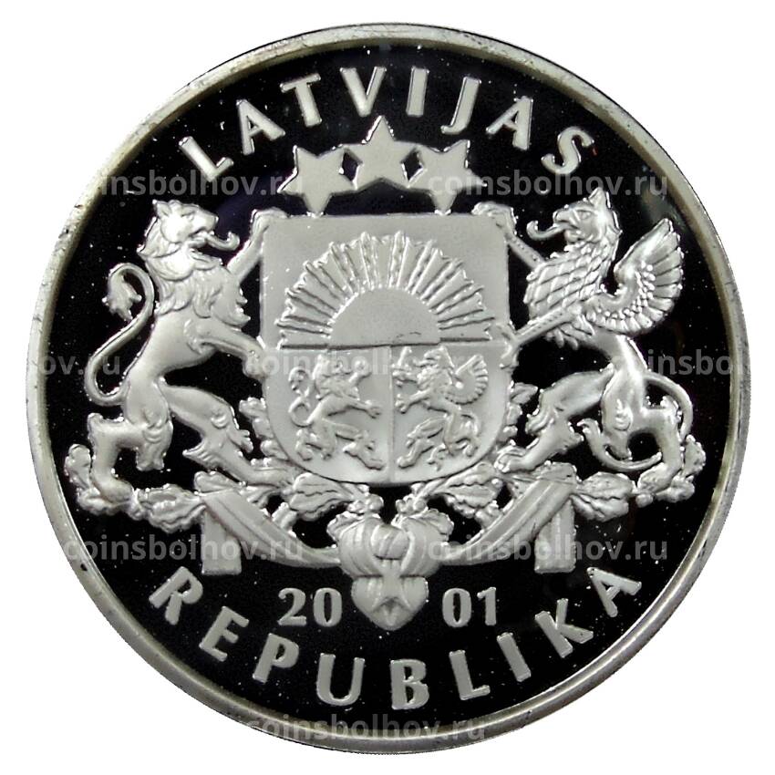 Монета 1 лат 2001 года Латвия —  XIX зимние Олимпийские Игры, Солт-Лейк-Сити 2002 — Хоккей (вид 2)
