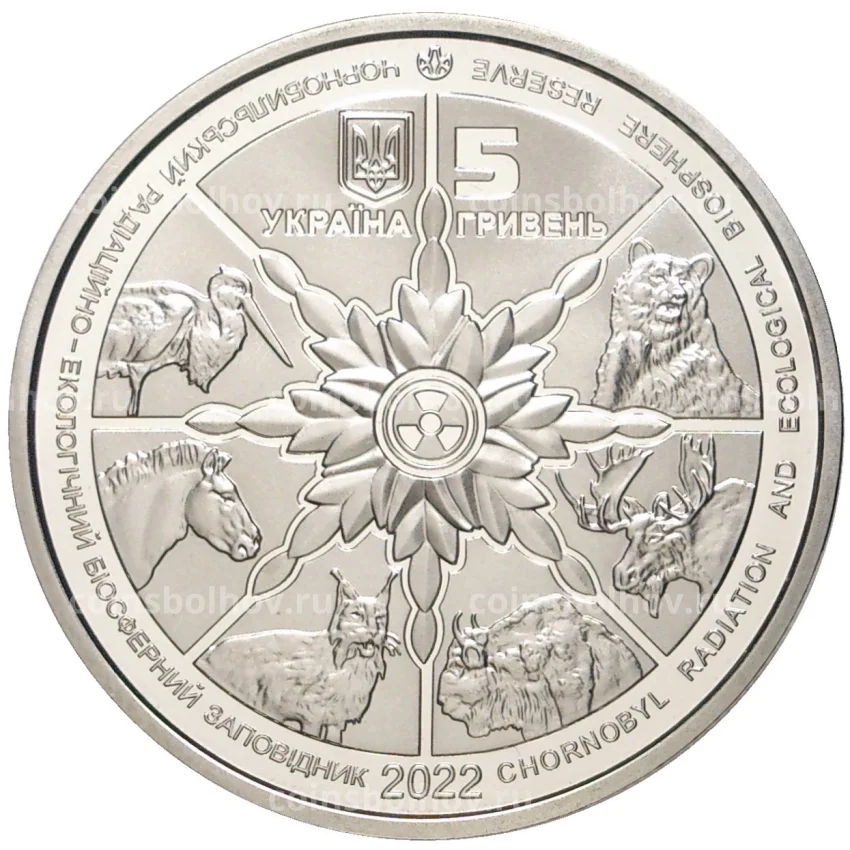 Монета 5 гривен 2022 года  Украина «Чернобыльский радиационно-экологический биосферный заповедник — Бурый медведь» (вид 2)