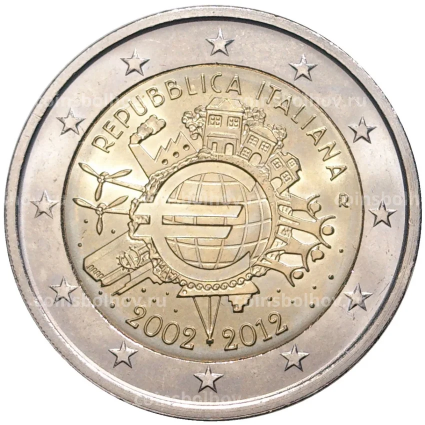 Монета 2 евро 2012 года Италия — 10 лет евро наличными