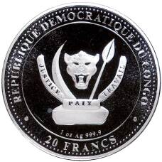 Монета 20 франков 2022 года Конго  (ДРК) «Доисторическая жезнь — Лиоплевродон» (реверс)