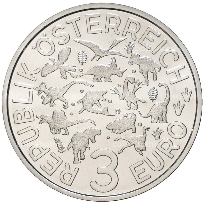 Монета 3 евро 2022 года Австрия — Супер динозавры. Орнитомим /Ornithomimus/ (вид 2)