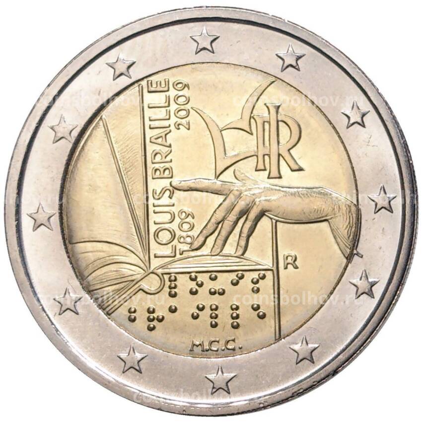 Монета 2 евро 2009 года Италия —  200 лет со дня рождения Луи Брайля