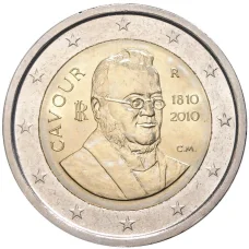 Монета 2 евро 2010 года Италия —  200 лет со дня рождения Камилло Бенсо ди Кавура (аверс)