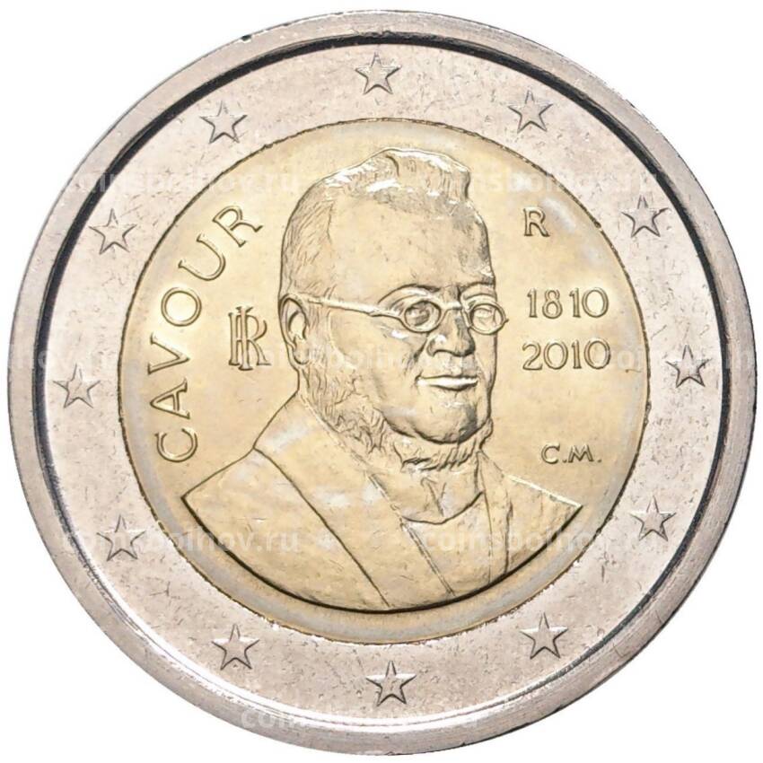 Монета 2 евро 2010 года Италия —  200 лет со дня рождения Камилло Бенсо ди Кавура