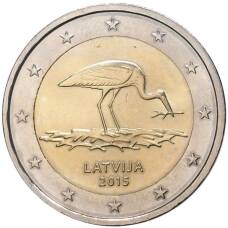 Монета 2 евро 2015 года Латвия —  Вымирающие виды — Чёрный аист (аверс)