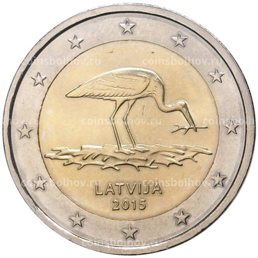 Монета 2 евро 2015 года Латвия —  Вымирающие виды — Чёрный аист