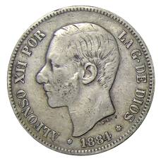 Монета 5 песет 1884 года Испания (аверс)