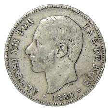 Монета 5 песет 1884 года Испания (аверс)