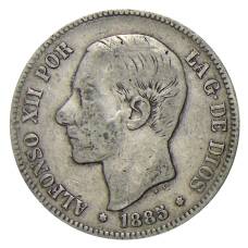 Монета 5 песет 1885 года Испания (аверс)