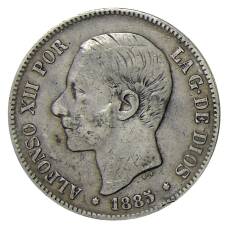 Монета 5 песет 1885 года Испания (аверс)