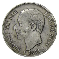 Монета 5 песет 1885 года Испания (аверс)