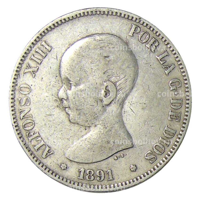 Монета 5 песет 1891 года Испания