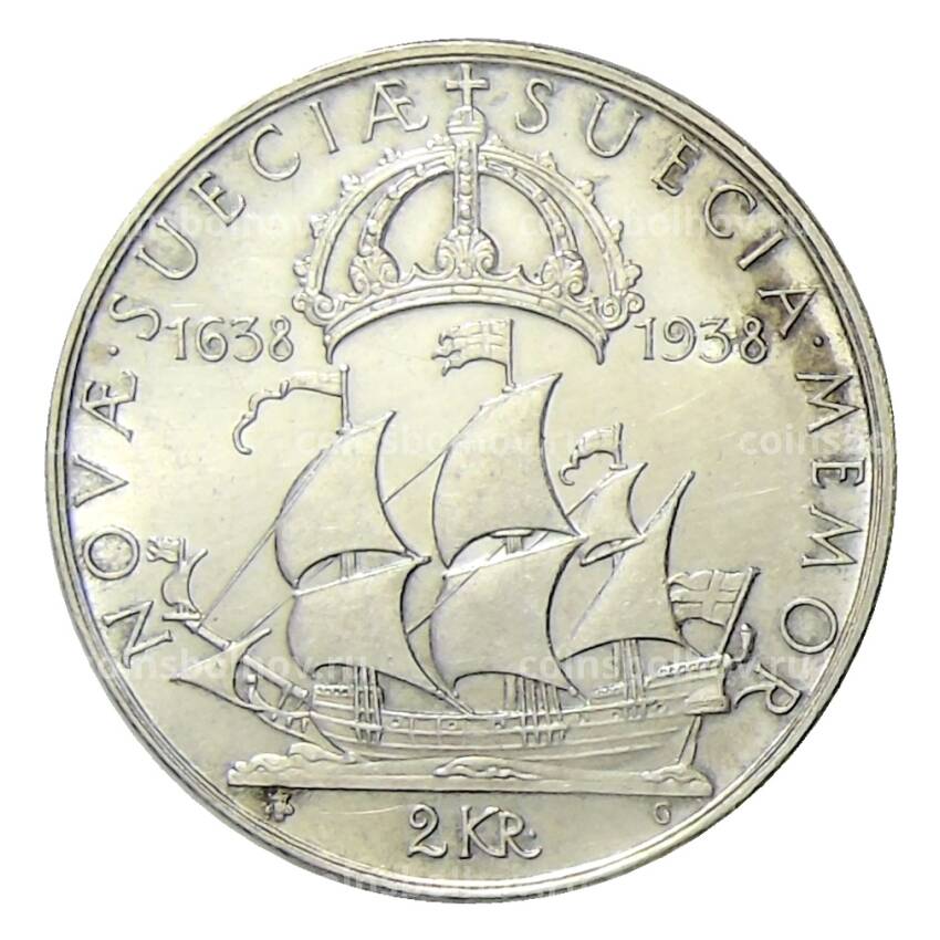 Монета 2 кроны 1938 года Швеция — 300 лет поселению Делавэр