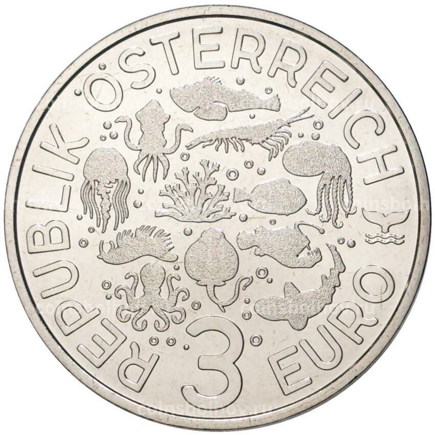 Монета 3 евро 2022 года Австрия —  Синекольчатый осьминог (вид 2)