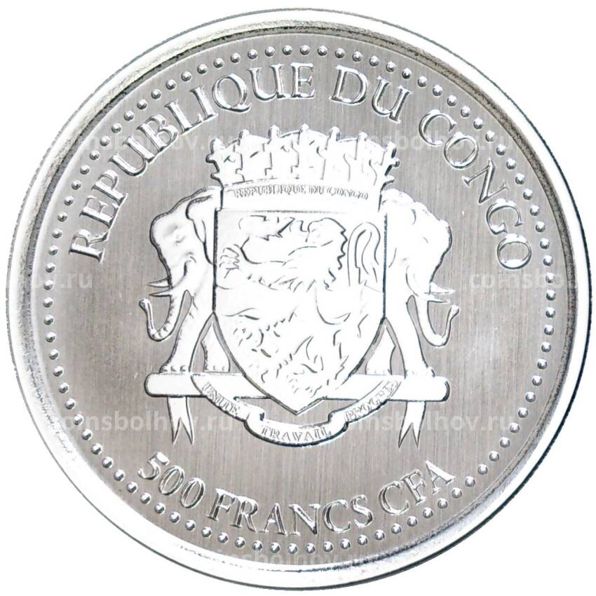 Монета 500 франков 2022 года Республика Конго «Смертоносные змеи Африки — Черная мамба» (вид 2)
