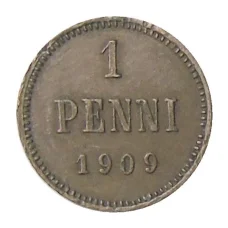 Монета 1 пенни 1909 года Русская Финляндия (аверс)