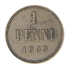 Монета 1 пенни 1909 года Русская Финляндия (аверс)