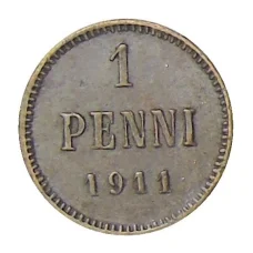 Монета 1 пенни 1911 года Русская Финляндия (аверс)