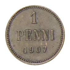 Монета 1 пенни 1907 года Русская Финляндия (аверс)