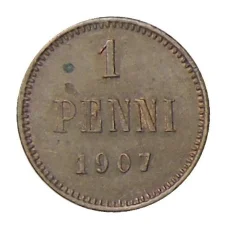 Монета 1 пенни 1907 года Русская Финляндия (аверс)