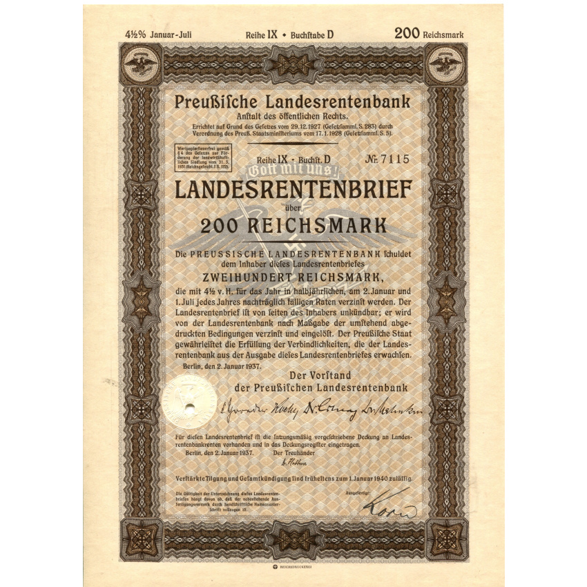 Банкнота Облигация 4,5% 200 рейхсмарок 1937 года Германия