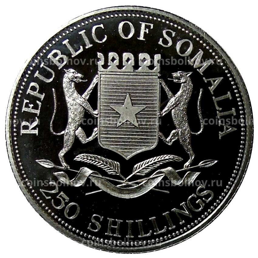 Монета 250 шиллингов 1998 года Сомали —  История мирового судоходства — Гибель RMS Titanic (вид 2)