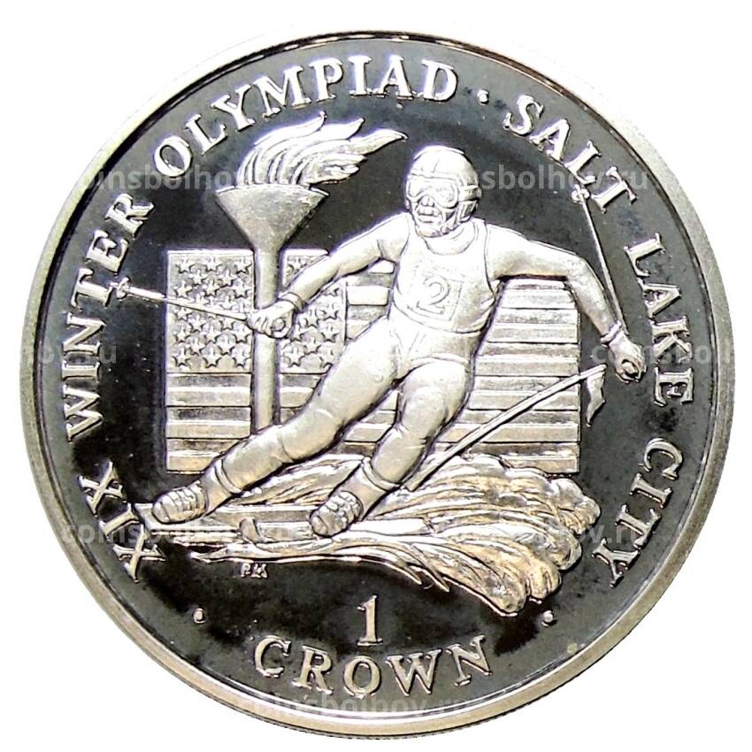Монета 1 крона 2002 года Остро Мэн —  XIX зимние Олимпийские Игры, Солт-Лейк-Сити 2002 — Лыжный спорт(в квадрокапсуле)