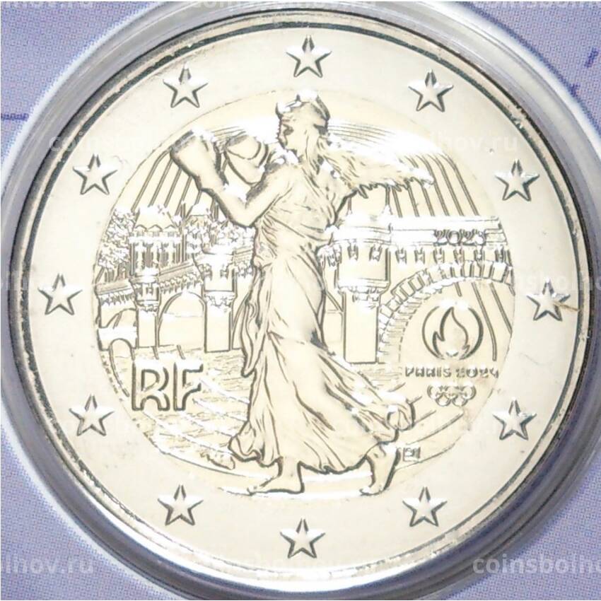 Монета 2 евро 2023 года Франция «XXXIII летние Олимпийские игры 2024 в Париже» (Фиолетовый блистер) (вид 3)
