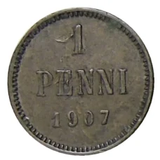 Монета 1 пенни 1907 года Русская Финляндия (аверс)