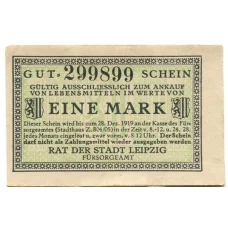 Банкнота 1 марка 1919 года Германия Нотгельд — Лейпциг