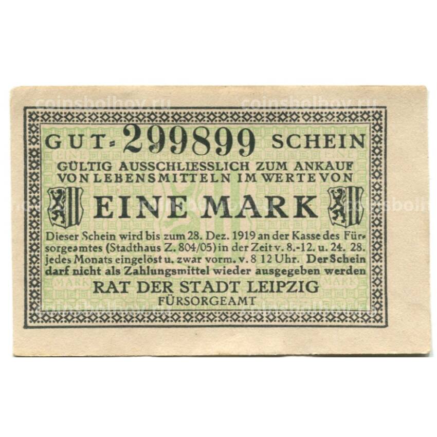 Банкнота 1 марка 1919 года Германия Нотгельд — Лейпциг