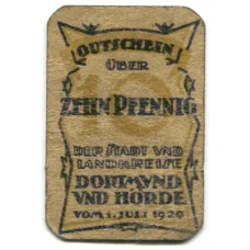 Банкнота 10 пфеннигов 1920 года Германия Нотгельд — Дортмунд и Хёрде (реверс)