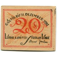 Банкнота 20 пфеннигов 1921 года Германия Нотгельд — Любек