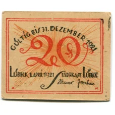 Банкнота 20 пфеннигов 1921 года Германия Нотгельд — Любек